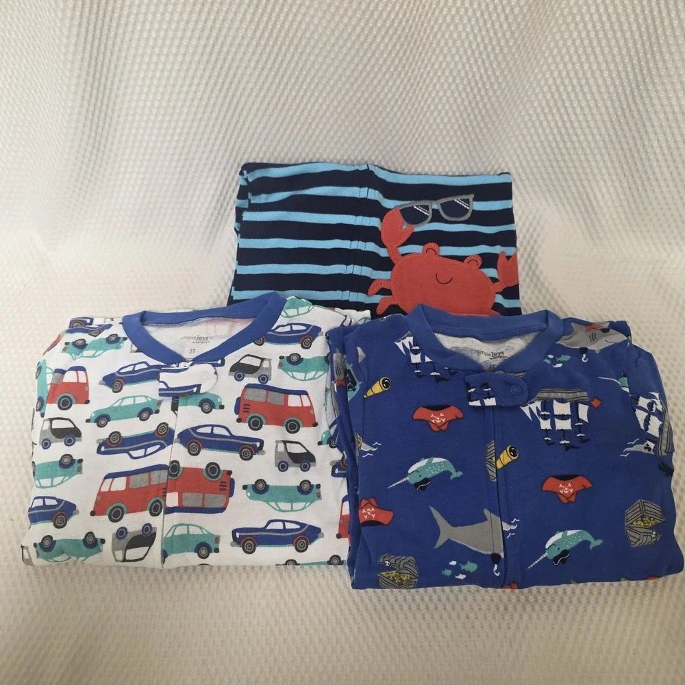 Simple Joy by Carters Set of 3 Lightweight Footed Pajamas Boys 3T Vehicles boats - Picture 1 of 4